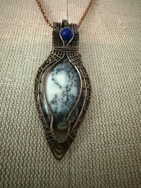 Dendritic White and Blue Stone Wire-Wrapped Copper Pendant
